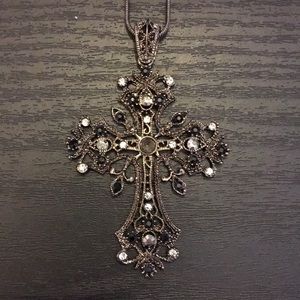 Black Cord Stainless Rhinestone Cross Necklace